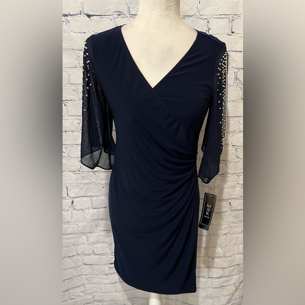 NWT MSK Womens Navy Stretch Embellished Cold Shoulder Sheer Bell Sleeve Petite S - Picture 2 of 11